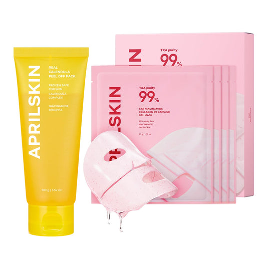 APRILSKIN Peel & Glow Duo: Calendula Flower-Infused Facial Peel Off Mask and TXA Pink Capsule Gel Mask (4ea)